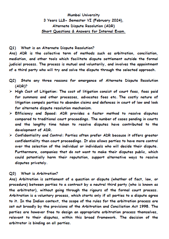 RK Notes  on ADR for Internals 10 Marks